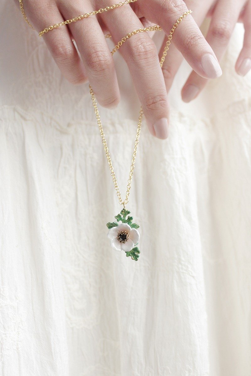 Anemone Necklace White, Anemone Flower, White flower, Flower Ring - 項鍊 - 其他金屬 白色