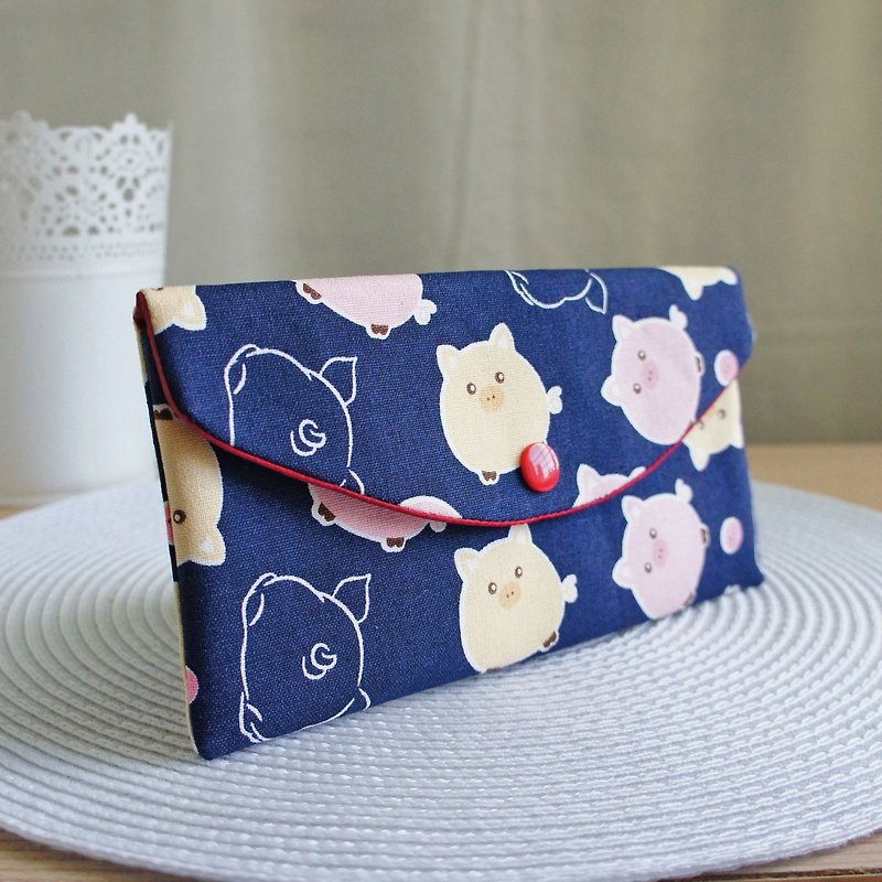 LovelyQ version [Fat and round pig red envelope bag] Passbook cover, cash storage bag, dark blue E - Chinese New Year - Cotton & Hemp Blue