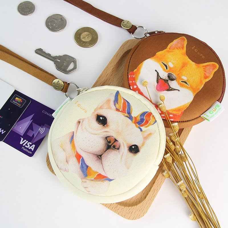 i money white neck strap coin purse hand-painted style-H5. Hair band method dog fighting - กระเป๋าใส่เหรียญ - วัสดุกันนำ้ สีเหลือง