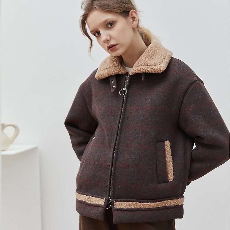 Safari Coat dark brown hunting wool composite jacket coat neutral loose lamb wool - เสื้อแจ็คเก็ต - ขนแกะ สีนำ้ตาล