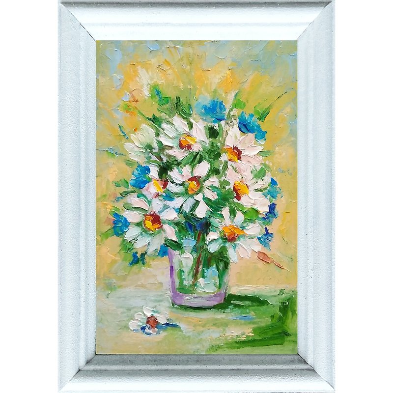 Daisies Bouquet Original Painting, Flower Artwork, Impasto Floral Wall Art 手工油畫 - โปสเตอร์ - วัสดุอื่นๆ หลากหลายสี
