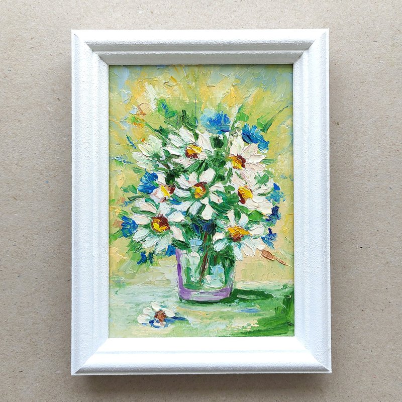 Daisies Bouquet Original Painting, Flower Artwork, Impasto Floral Wall Art 手工油畫 - โปสเตอร์ - วัสดุอื่นๆ หลากหลายสี