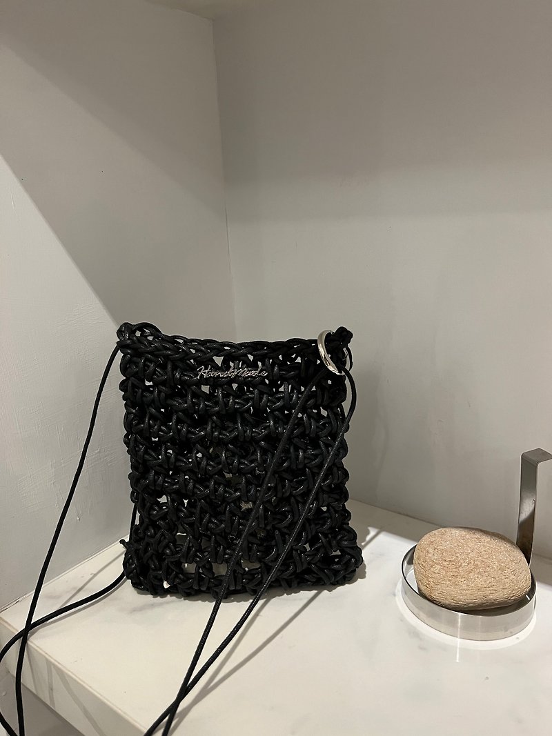 Black small waste bag hand-woven bag oblique backpack crochet knitted bag crochet bag - Handbags & Totes - Cotton & Hemp 