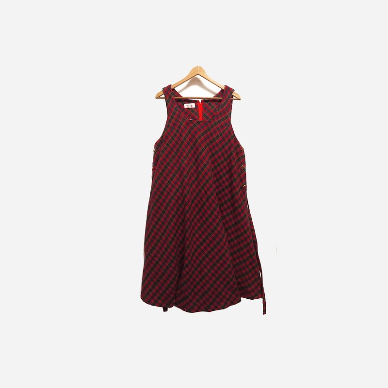 脫臼古著 /  格紋絨面背心裙洋裝(可綁帶) no.271A1 vintage - 連身裙 - 聚酯纖維 紅色