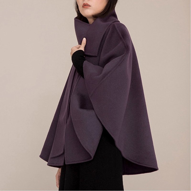 黛Purple 100% custom full wool double-sided irregular bandage cloak autumn and winter loose thick coat - เสื้อแจ็คเก็ต - ขนแกะ สีม่วง