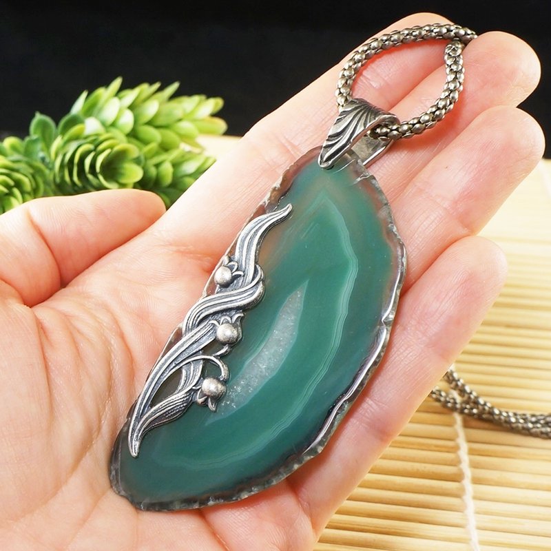 Green Agate Slice Slab Silver Lily of the Valley Flower Pendant Necklace Jewelry - Necklaces - Semi-Precious Stones Green