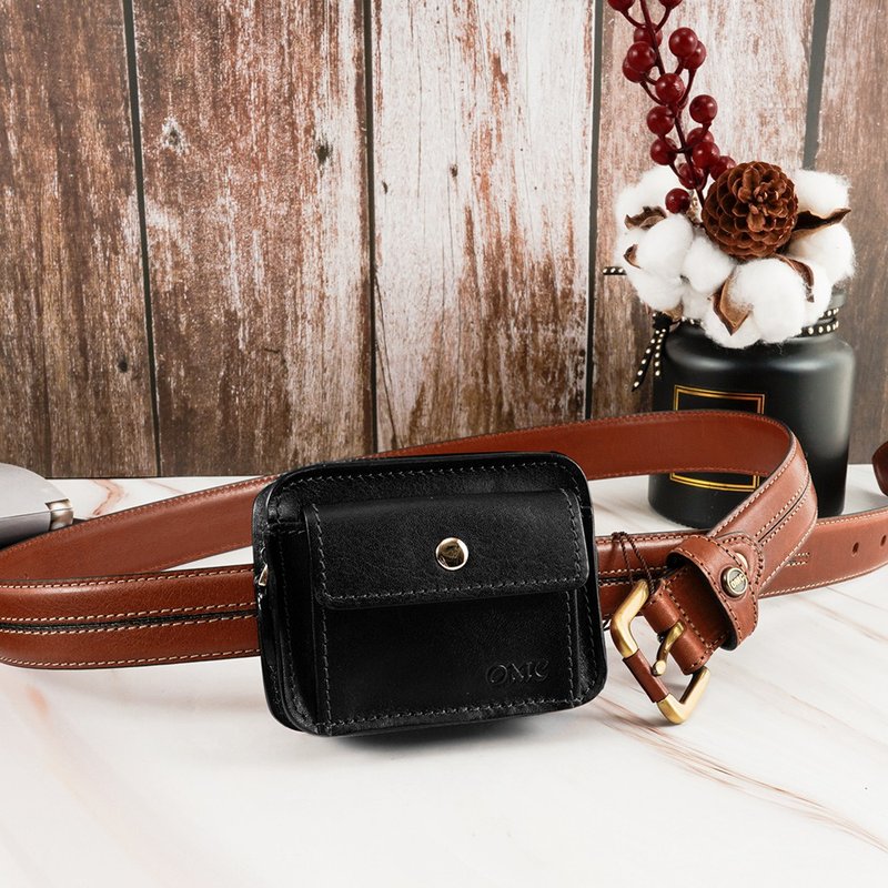 Italian Vegetable Tanned Leather Pocket Mini Leather Belt Pouch (Black) - กระเป๋าใส่เหรียญ - หนังแท้ สีดำ