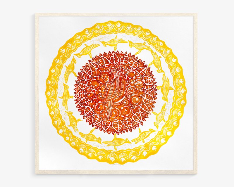 黄色と赤のオウム オリジナルアートワーク リノカットプリント 植物の花の壁アート装飾 - ポスター・絵 - 紙 レッド
