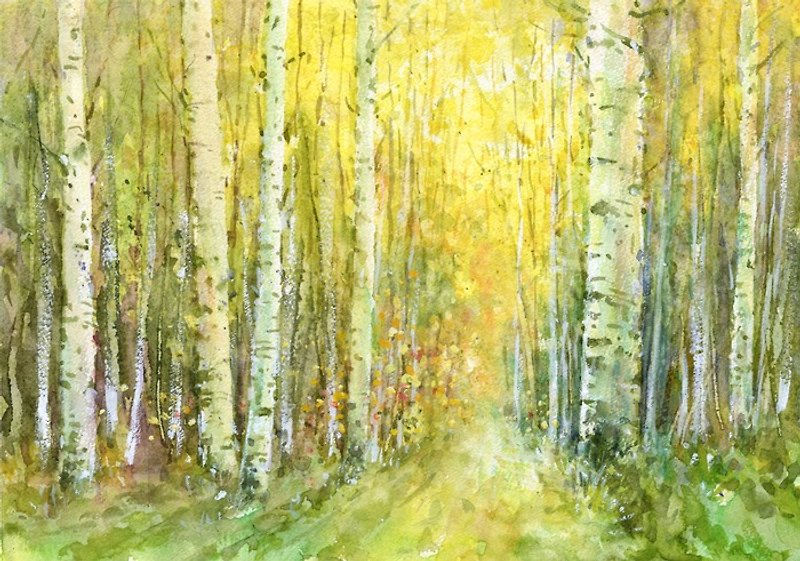 Watercolor painting White birch road - โปสเตอร์ - กระดาษ สีเหลือง