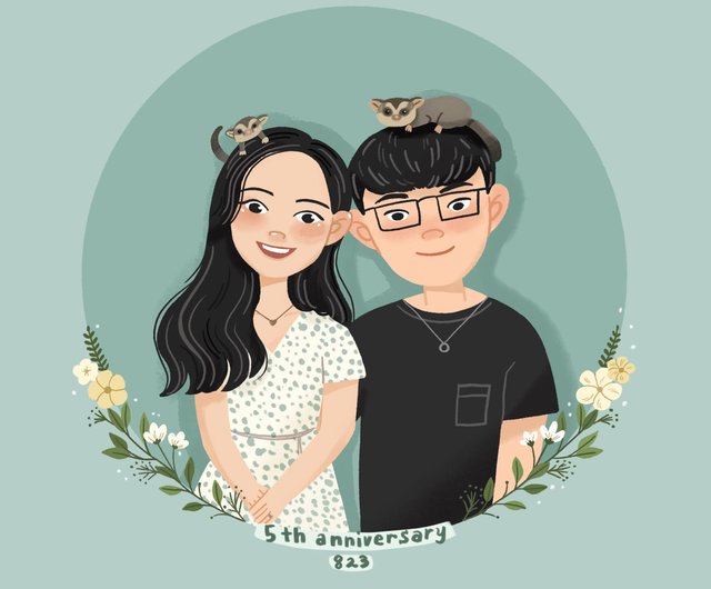 ヤンのようなハーフレングスのカップルがイラストデザインを描いた 装飾 写真付きid記念日 電子ファイル ショップ Boringboni 似顔絵 Pinkoi