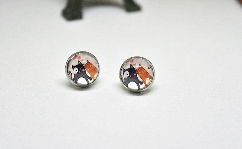 X stainless steel needle time gem earrings * cute cat both good * # # - Earrings & Clip-ons - Other Metals Black