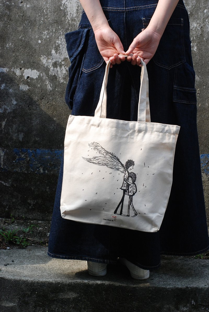 Canvas bag-everyone has their own angel - กระเป๋าถือ - ผ้าฝ้าย/ผ้าลินิน ขาว