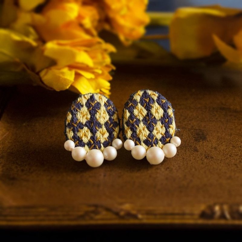 Cream argyle embroidered Clip-On - Earrings & Clip-ons - Thread Yellow