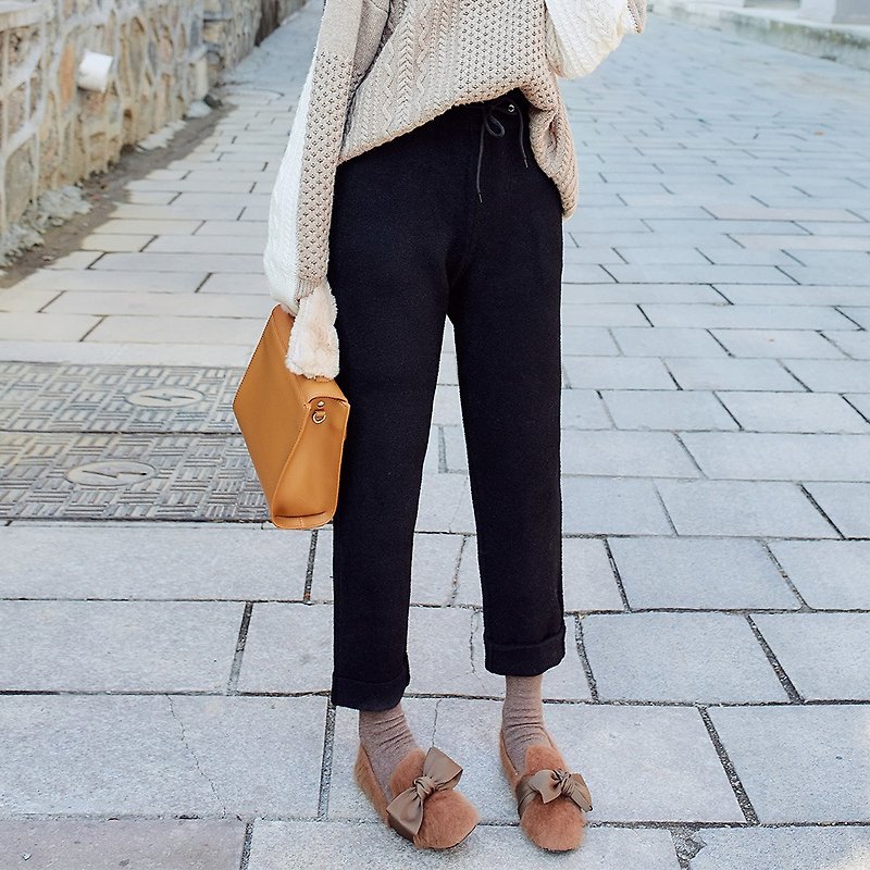2018 women's winter wear waist drawstring knit pants - กางเกงขายาว - วัสดุอื่นๆ สีดำ