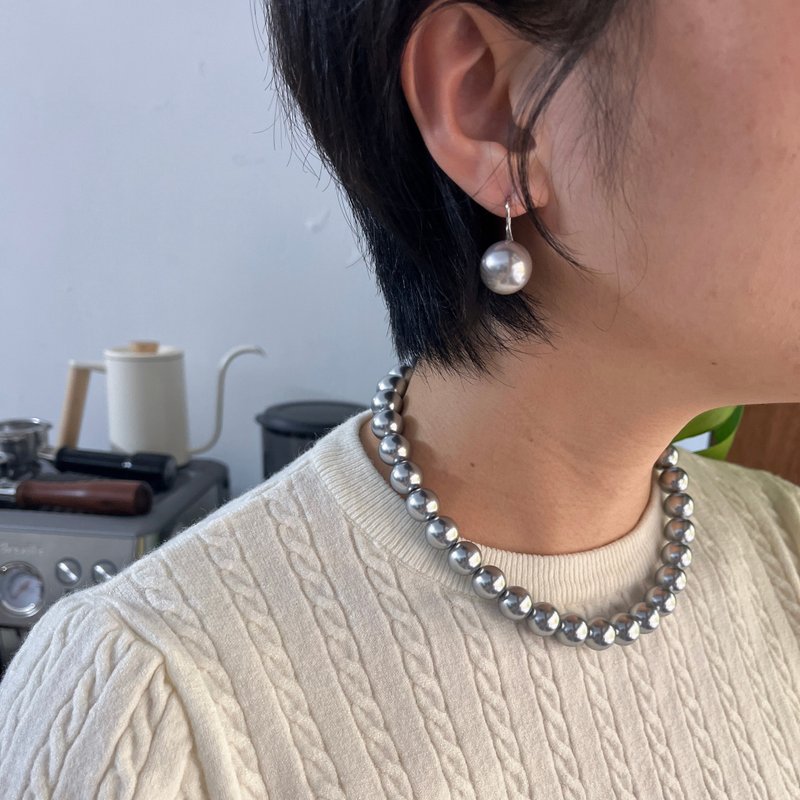 12mm灰色大珍珠項鏈 choker 禮盒套裝 - 項鍊 - 貝殼 灰色