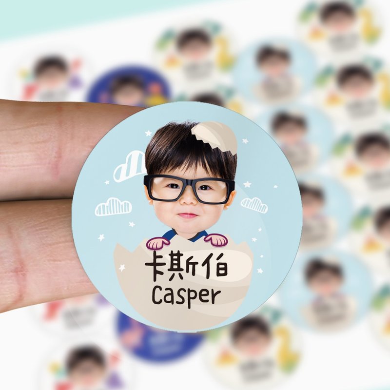 Happy dinosaur photo name stickers. Cute photo waterproof name stickers. 92 2.5cm round stickers - สติกเกอร์ - วัสดุกันนำ้ สีน้ำเงิน