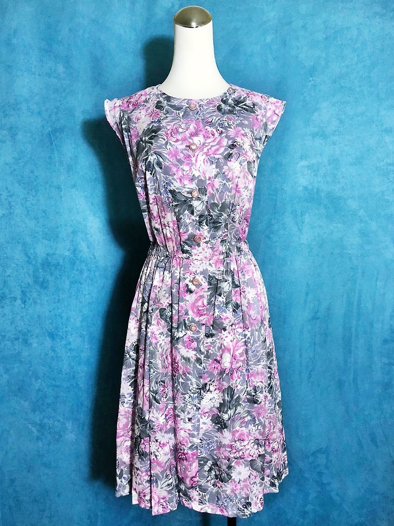 花朵織紋無袖古著洋裝 / 國外帶回 VINTAGE - 連身裙 - 聚酯纖維 粉紅色