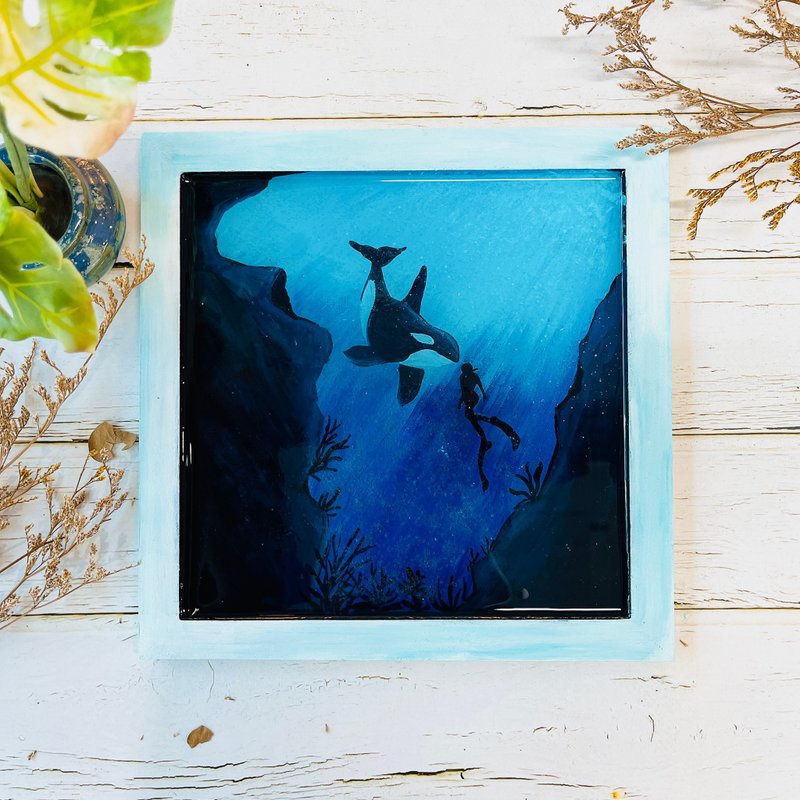 Killer whales swimming together epoxy resin luminous painting special gift birthday gift hand-painted - โปสเตอร์ - ผ้าฝ้าย/ผ้าลินิน 