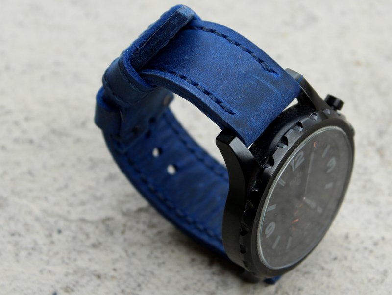 Real Leather Watch Band, Electric blue Sapphire Men's Leather Watch Strap - สายนาฬิกา - หนังแท้ สีน้ำเงิน