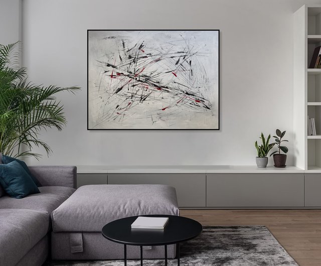 ダイナミックな抽象的な黒い線が白と赤のモダンな壁アートのテクスチャ