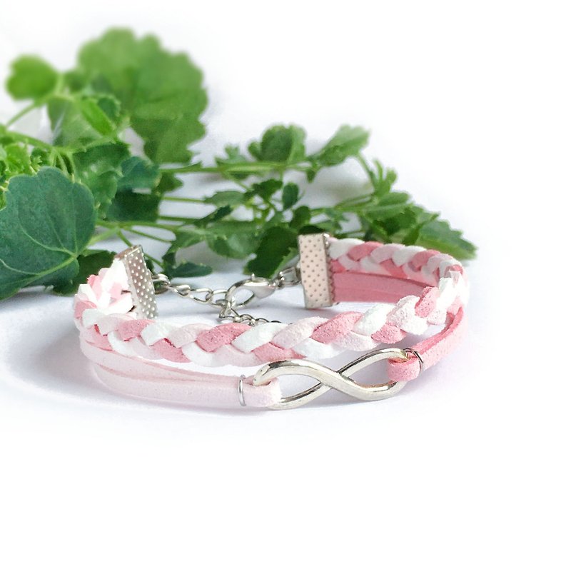Handmade Double Braided Infinity Bracelets–light pink - Bracelets - Other Materials Pink