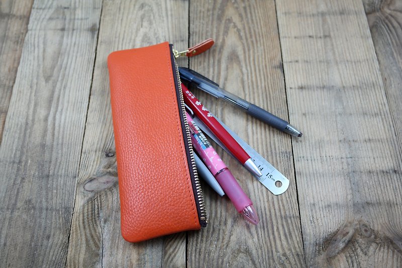 APEE leather hand ~ zipper soft bag ~ pencil case, pencil bag ~ litchi pattern honey citrus - Pencil Cases - Genuine Leather Multicolor