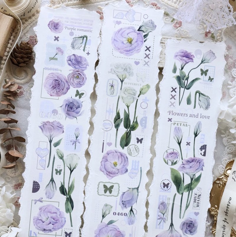 Purple Platycodon Retro Purple Flower Set キキョウの花 PET Washi Tape - มาสกิ้งเทป - วัสดุอื่นๆ สีม่วง