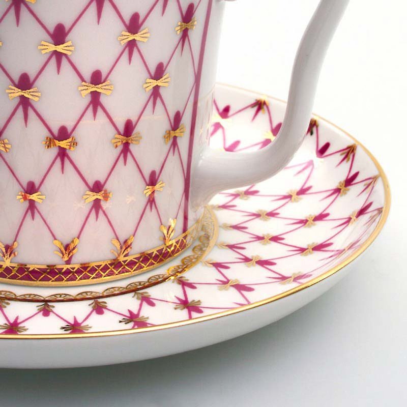 粉紅網格 22K金手工 350ml 馬克杯盤組 - 咖啡杯/馬克杯 - 瓷 粉紅色