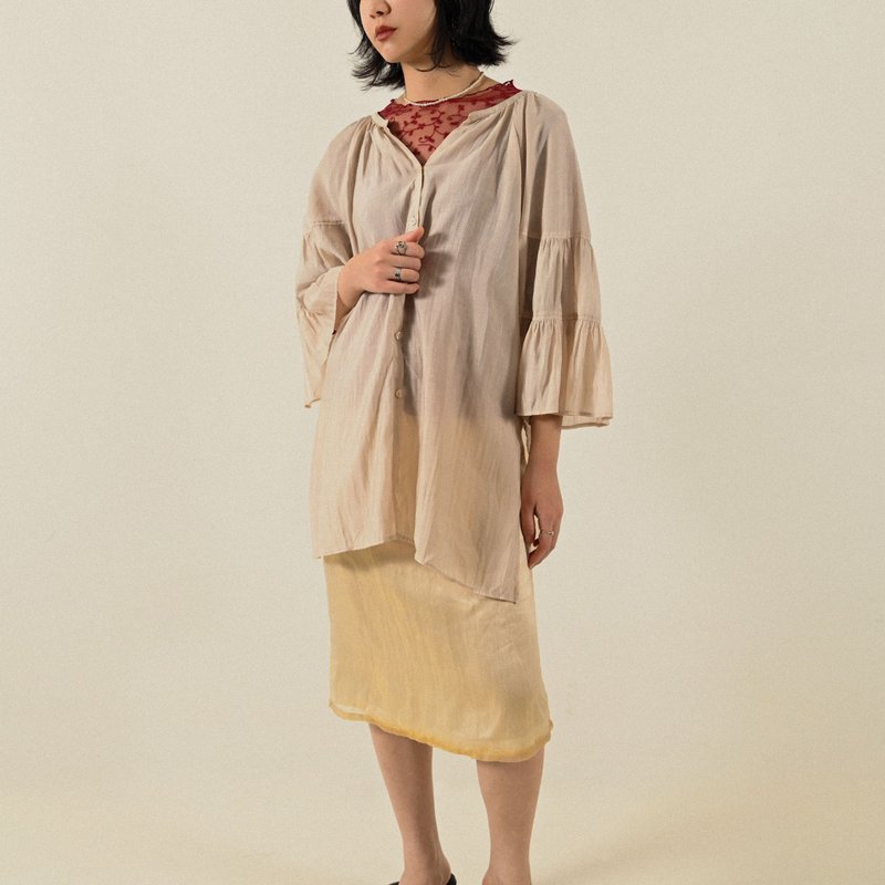 【NaSuBi Vintage】飄逸輪廓抽褶寬袖古著上衣 - 女上衣/長袖上衣 - 其他人造纖維 