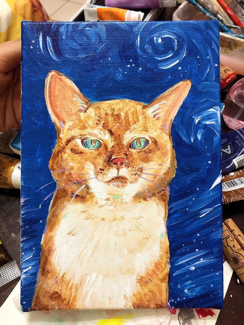 無語貓貓∣牠的心情跟背景一樣複雜∣手繪無框畫 - 相框/畫框 - 顏料 藍色