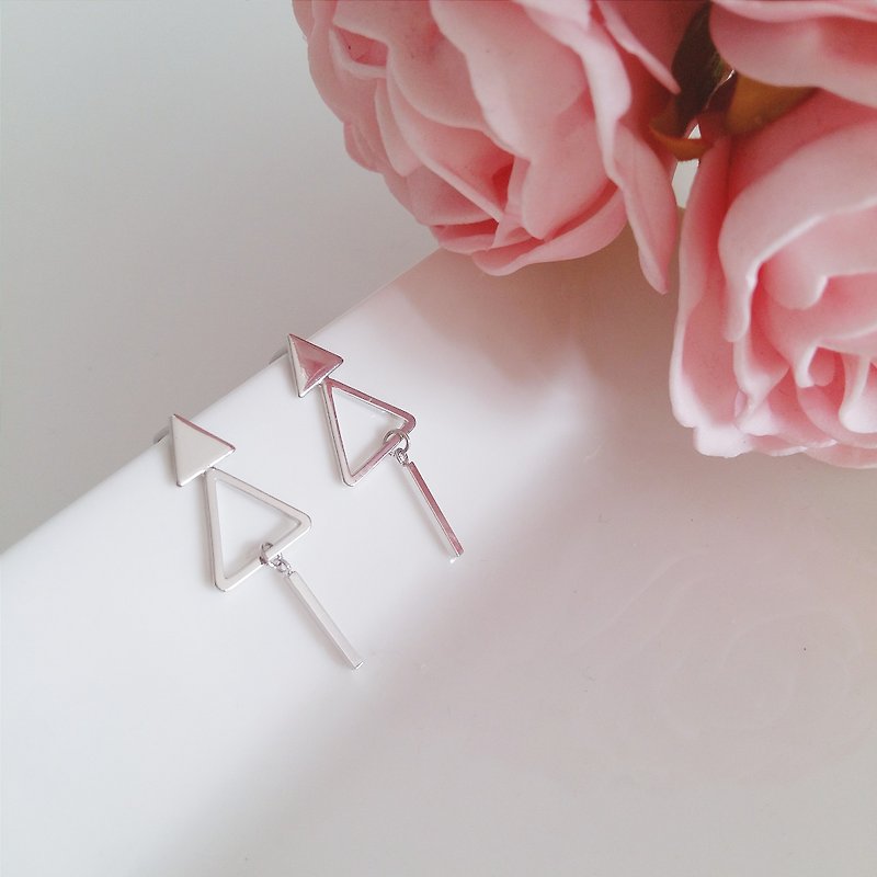 :: :: minimalist geometric series of simple geometric triangle personalized Christmas tree earrings / :: Minimalist Geometric Collection :: Rhodium Plated Minimalist Christmas Xmas Tree Triangle Mini Bar Geometric Minimalist Threader Earrings - Earrings & Clip-ons - Other Metals Silver