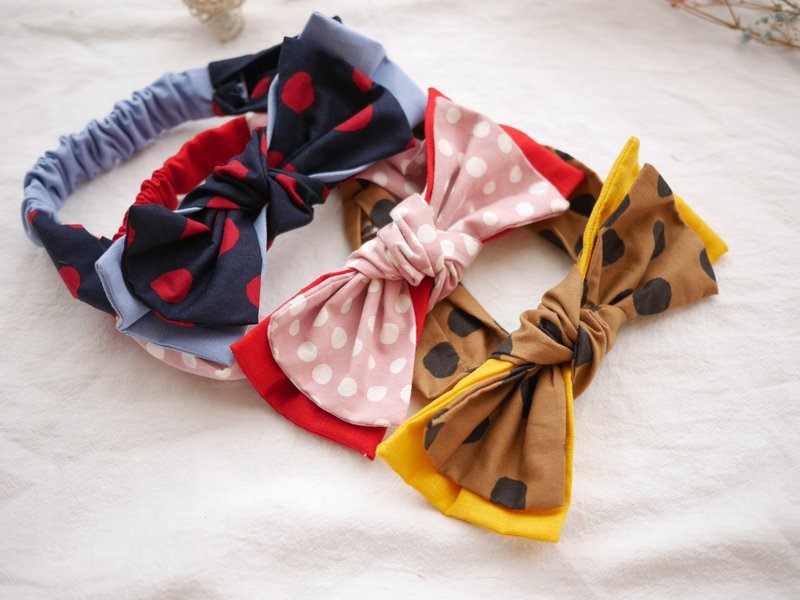 雙層蝴蝶結髮帶 奶茶點點 深藍點點 粉紅點點款 - 嬰兒帽子/髮帶 - 棉．麻 粉紅色