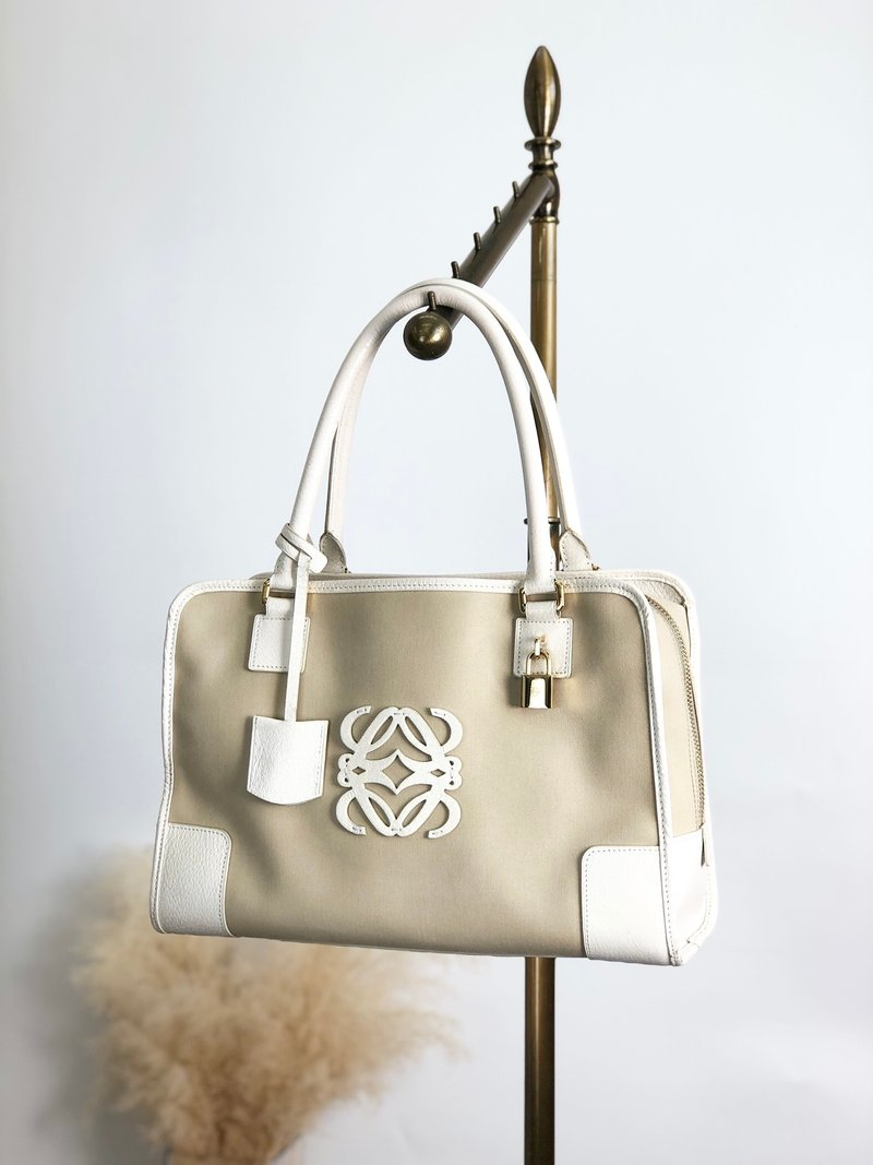 【 日本直送　名牌中古包 】LOEWE ロエベ アマソナ ハンドバッグ ベージュ ホワイト アナグラム キャンバス レザー ボストンバッグ csgap3 - 手提包/手提袋 - 棉．麻 咖啡色