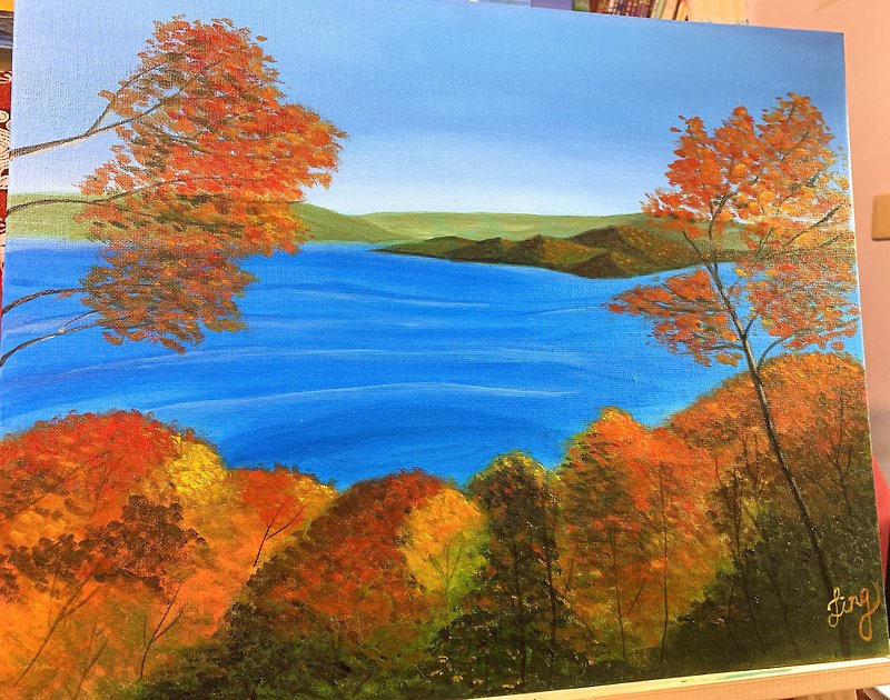 裝飾畫 100%純手繪 十湖田的秋天 仿油畫 壓克力畫 非數字油畫 湖 - 掛牆畫/海報 - 壓克力 咖啡色
