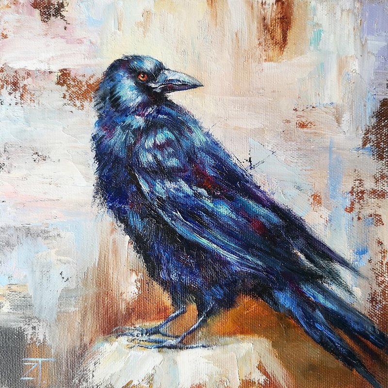 Raven Painting Original Art Oil Painting Artwork on Canvas panel Birds Wall Art - Posters - Other Materials 