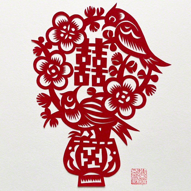 受注製作   切り紙・カササギと梅  喜上眉梢 - 海報/掛畫/掛布 - 紙 紅色
