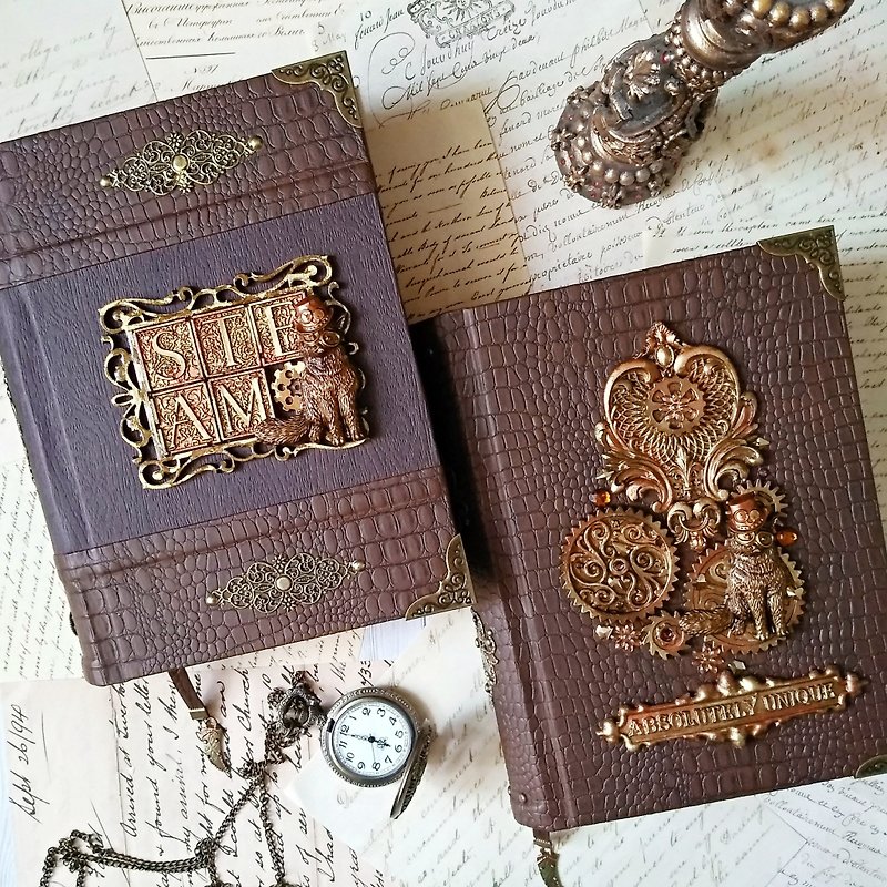 Brown Eco-leather Vintage Handmade Notebook with Steampunk Cat & Bronze Gears - Notebooks & Journals - Paper Brown
