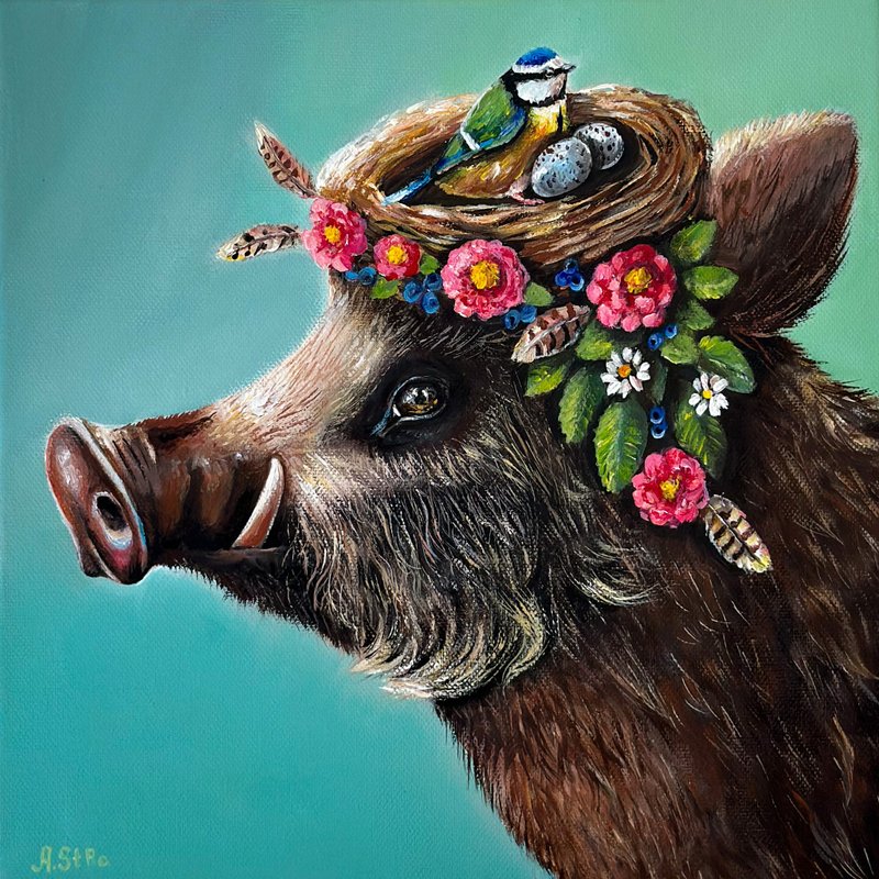 Wild boar original canvas painting, Handmade Gift, Animal hanging, Unique Gift - 壁貼/牆壁裝飾 - 棉．麻 藍色