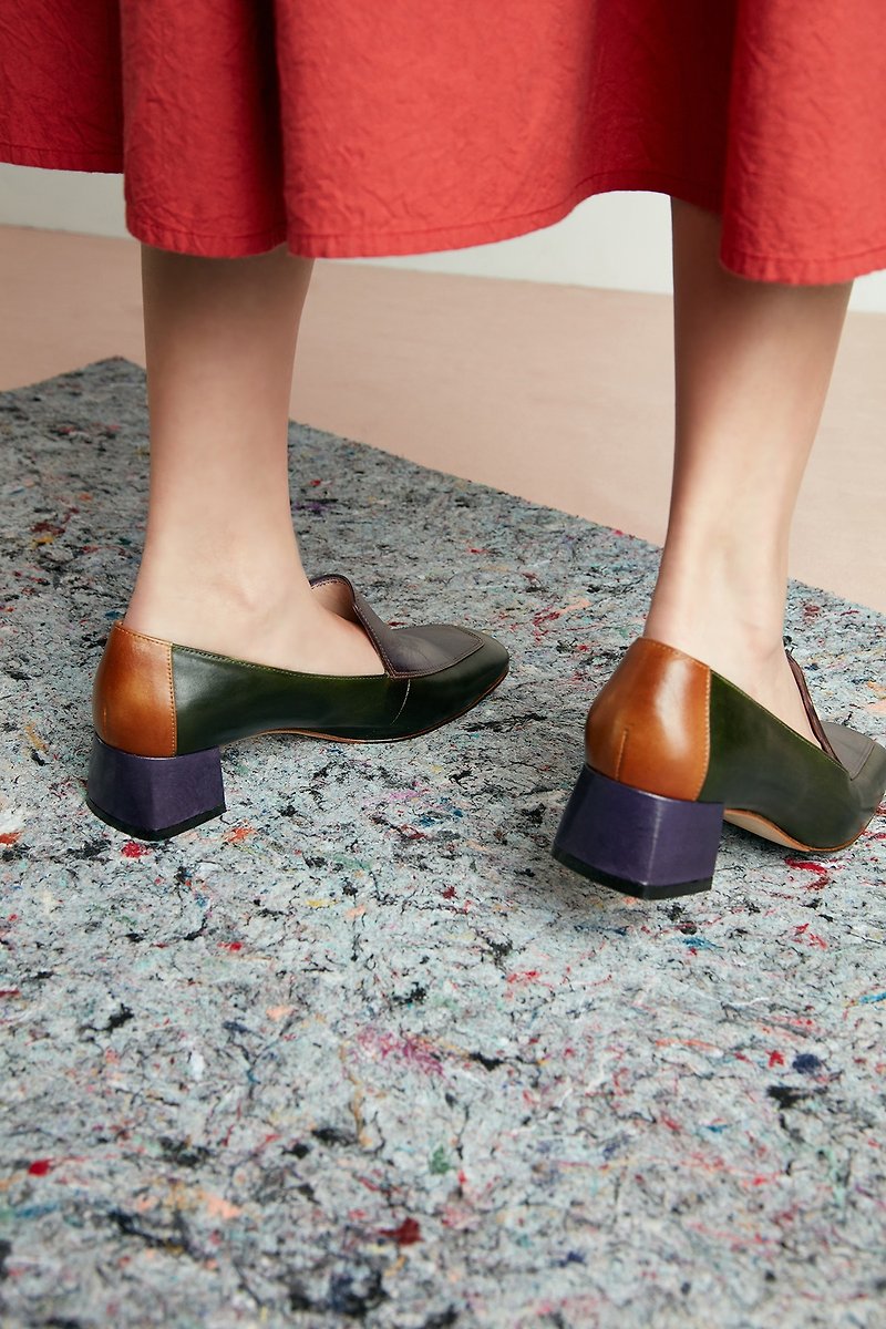 4.6 Square Toe Loafers Heels-Jungle Green - รองเท้าอ็อกฟอร์ดผู้หญิง - หนังแท้ สีเขียว