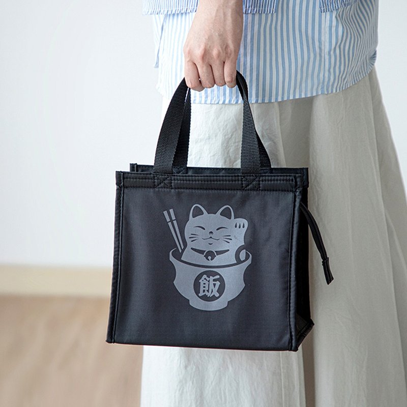 日本霜山 印花風防潑水保溫保冷手提便當袋 - 手提包/手提袋 - 其他材質 黑色