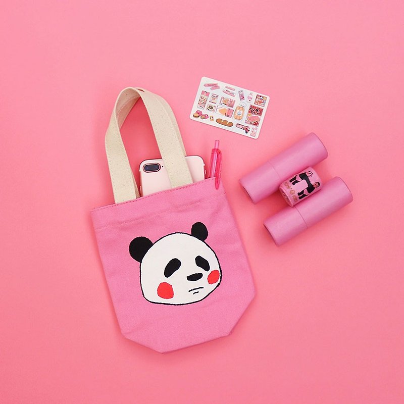 パンダPanda pink universal bag water bottle bag / 绢 version hand-printed - Handbags & Totes - Cotton & Hemp Pink