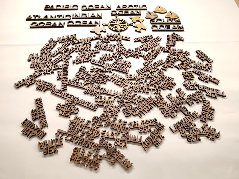 Wood map markers - Ocean and seas names stickes 3D map accessories - 牆貼/牆身裝飾 - 木頭 多色