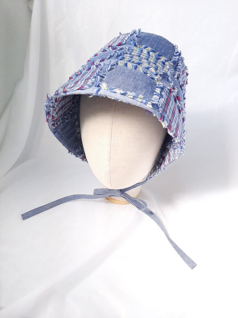 丹寧藍拼貼邦呢軟帽Bonnet - 帽子 - 棉．麻 藍色