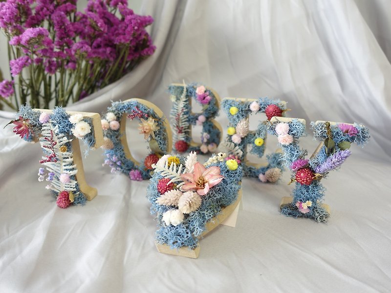 [Wood Flower Word Art] Dry Flower Ocean Blue Background/Opening Ceremony/Handmade/Birthday Gift/Proposal - ตกแต่งต้นไม้ - พืช/ดอกไม้ สีเขียว