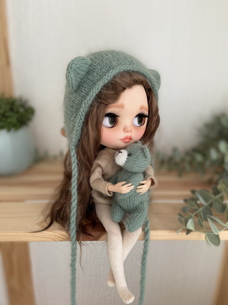 Blythe hat with bear ears - ของเล่นเด็ก - ขนแกะ สีเขียว