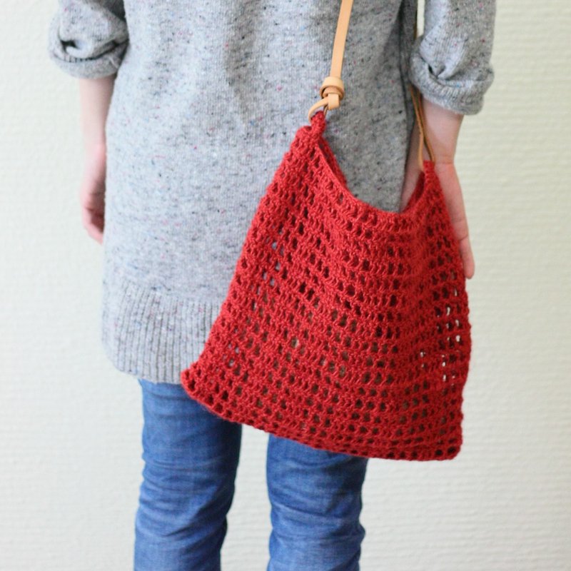 Hollow red square bag / Linen rope woven red / - Messenger Bags & Sling Bags - Cotton & Hemp 