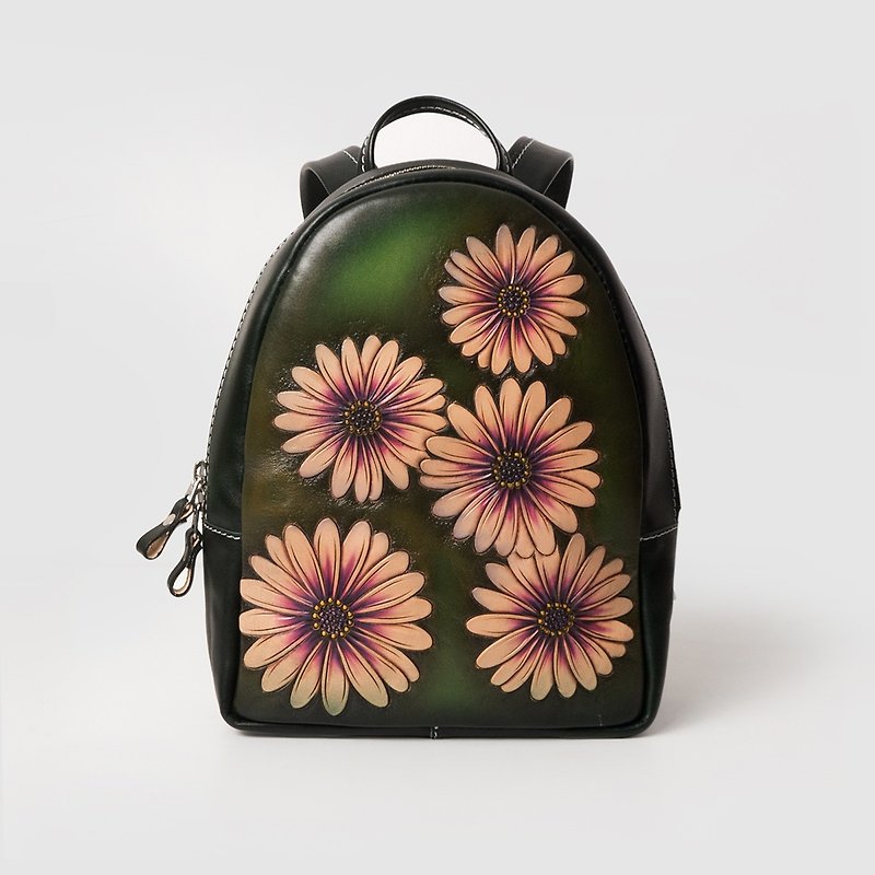 July Chagall July Chagall hand-carved flower daisy backpack - Backpacks - Genuine Leather Green