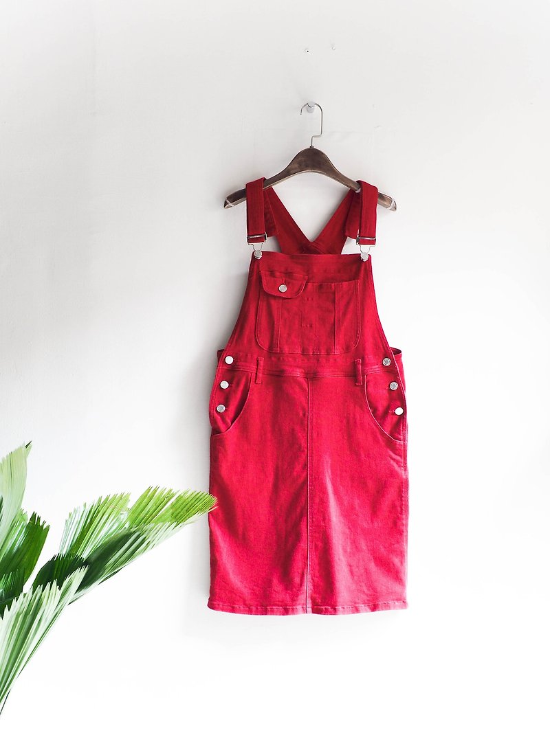 River Hill - classic French elegance love celebration antique fire red jumpsuit denim overalls oversize vintage denim skirt suspenders - One Piece Dresses - Cotton & Hemp Red