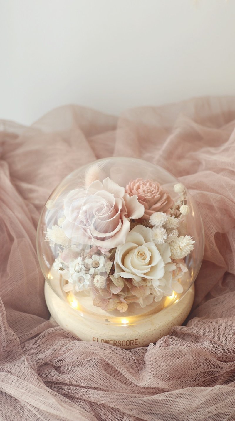 Immortal Rose Glass Round Night Light - Morandi Milk Tea White - ช่อดอกไม้แห้ง - พืช/ดอกไม้ 