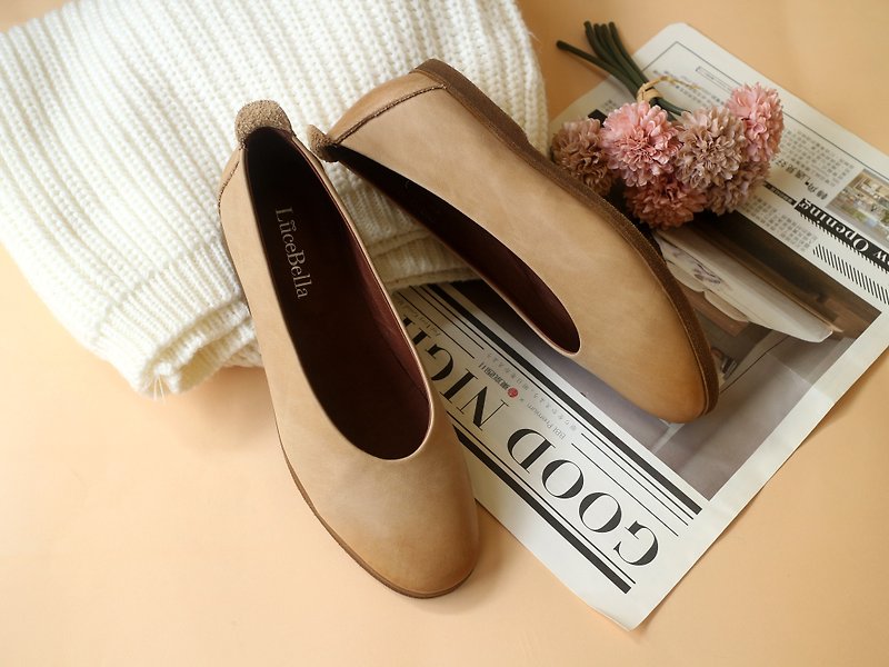 【Macchiato】Polished Flat Shoes - Beige - Women's Oxford Shoes - Genuine Leather Khaki